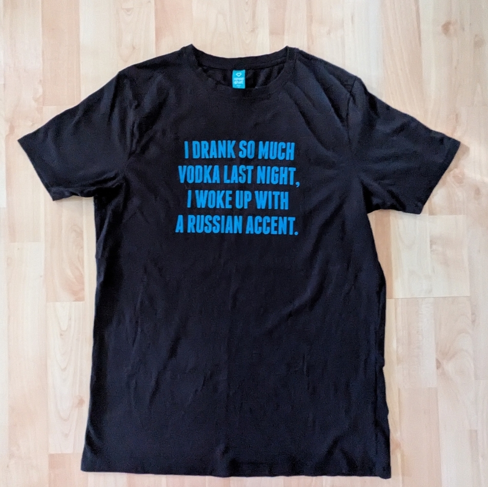 Funny Black T-Shirt With Blue Graphic Text On Front  Size Medium  Unisex